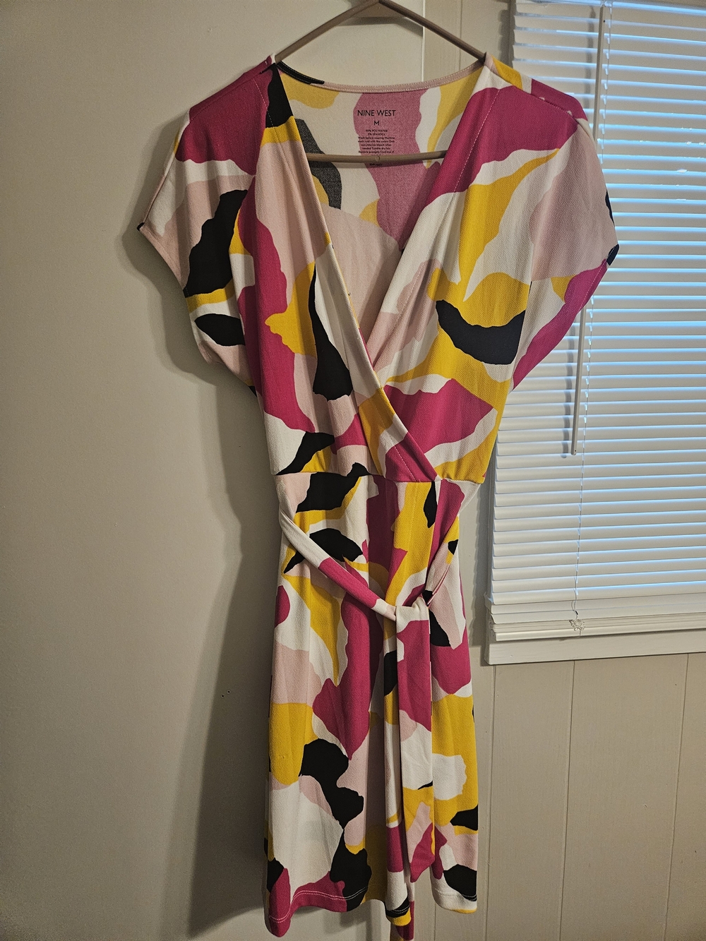 Nine West Abstract Pink, Yellow & Black Wrap Mini Dress